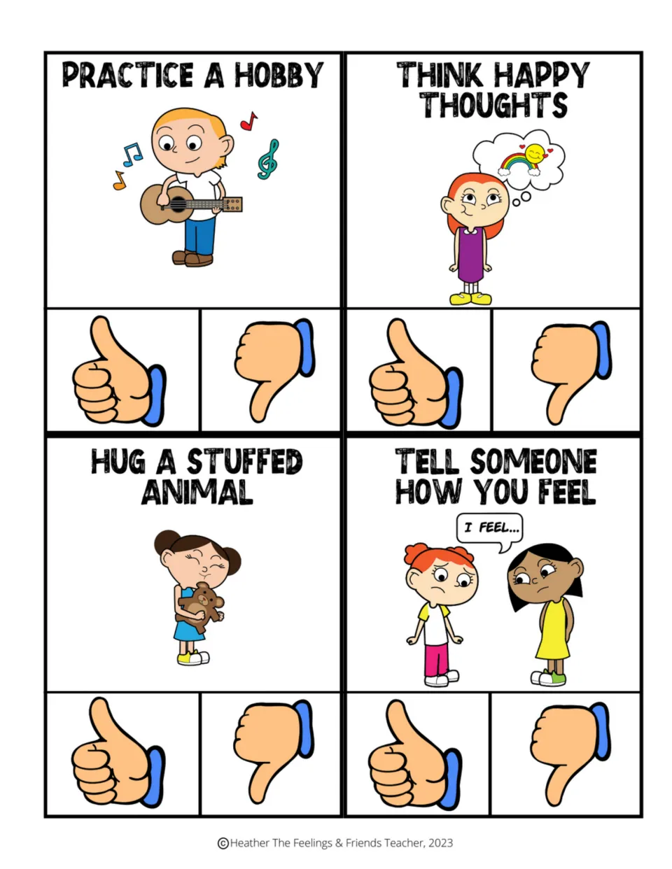 Coping skill cards to rate: a hobby, happy thoughts, hugging a stuffed animal and telling someone how you feel
