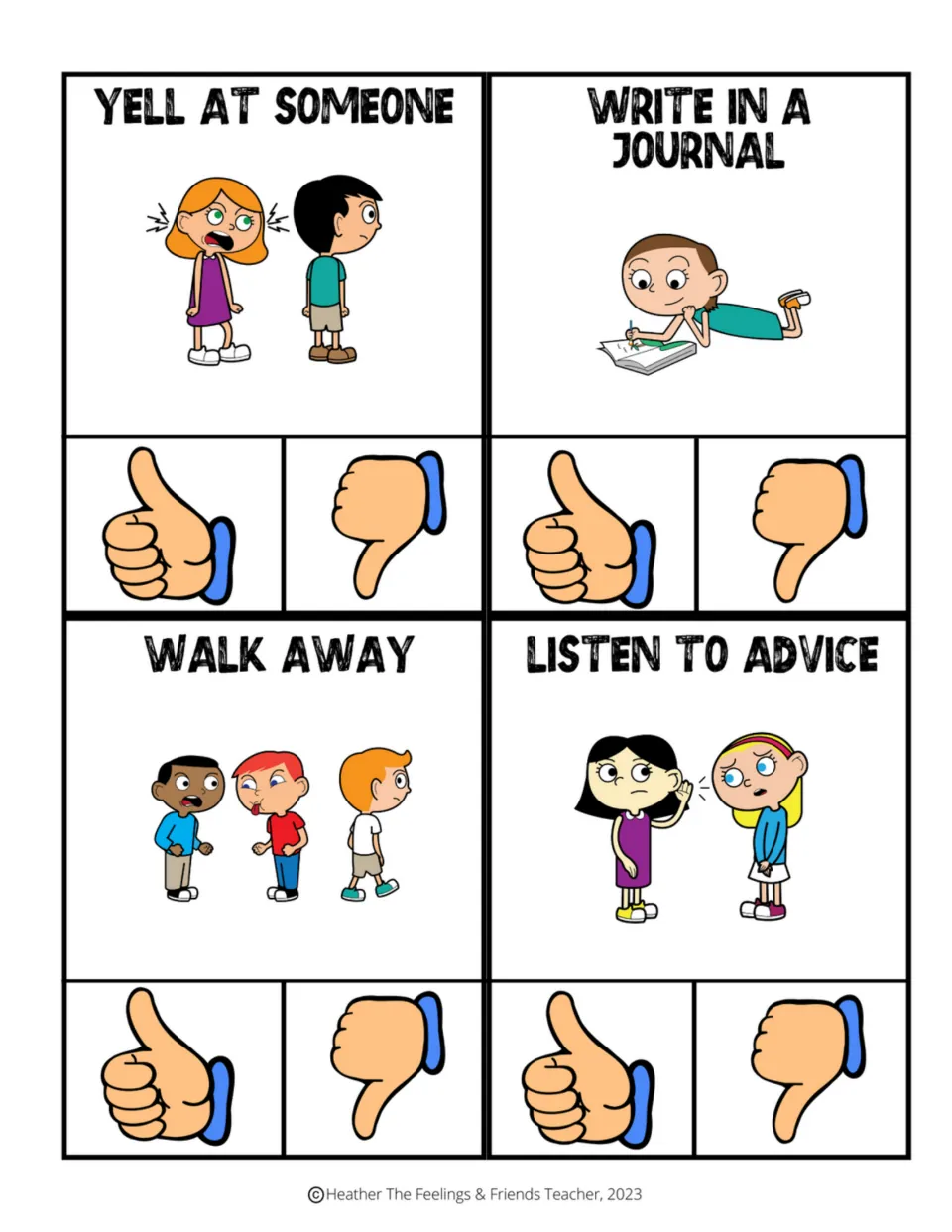 Good vs. bad coping skills: students clip thumbs up or down for yelling at someone, journaling, walking away and advice