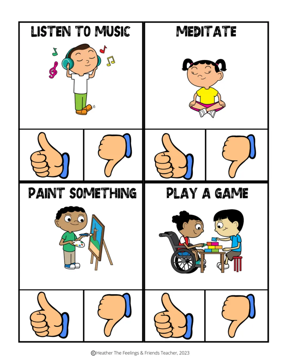 Coping skill cards for listening to music, meditating, painting and playing a game; students clip a thumb up or thumb down