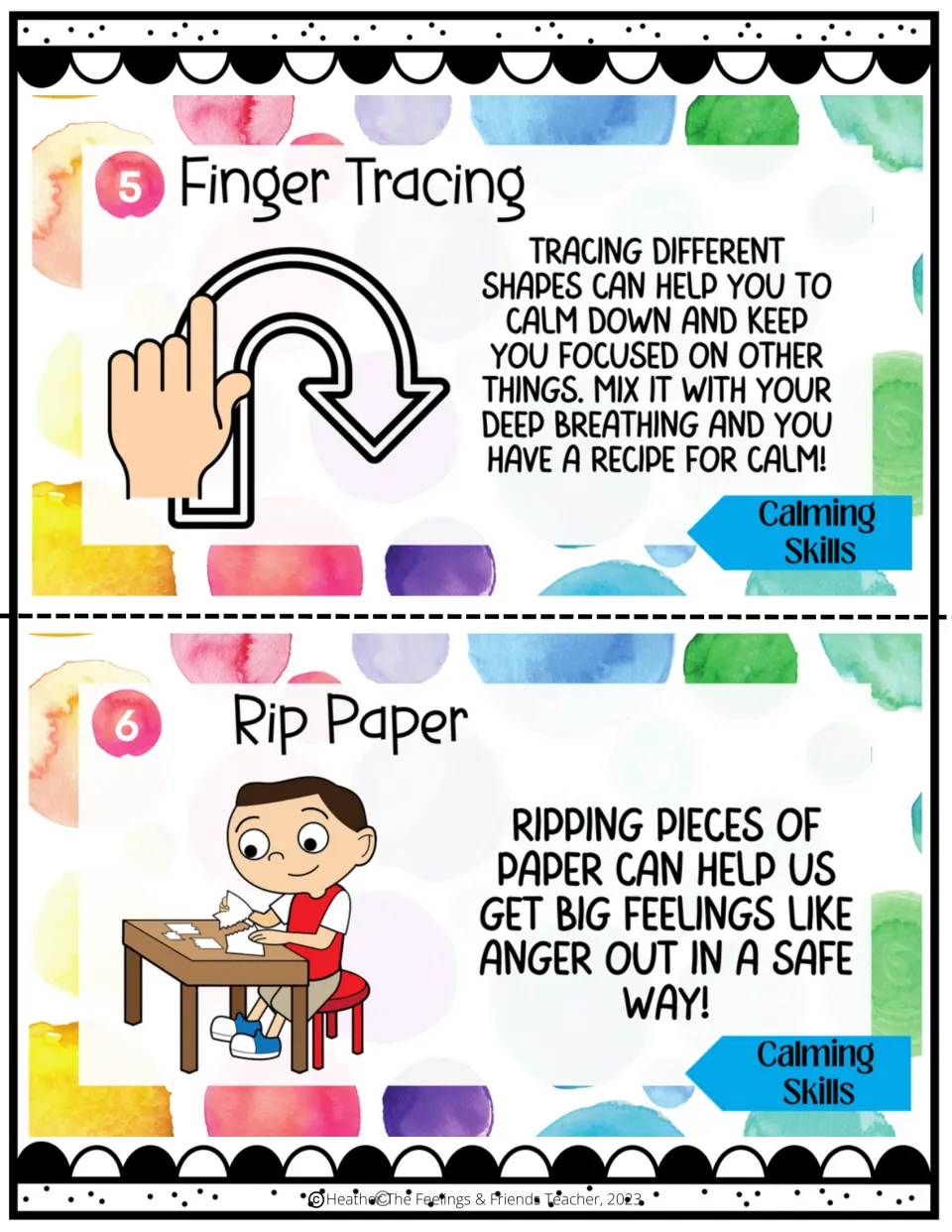 Coping skills 5–6: finger tracing shapes paired with deep breathing and ripping paper to express anger