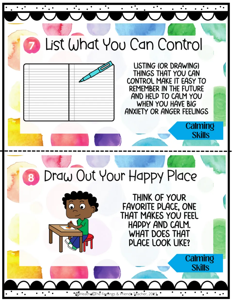 Coping skills 7–8: listing or drawing things you can control and drawing a favorite place that feels calm