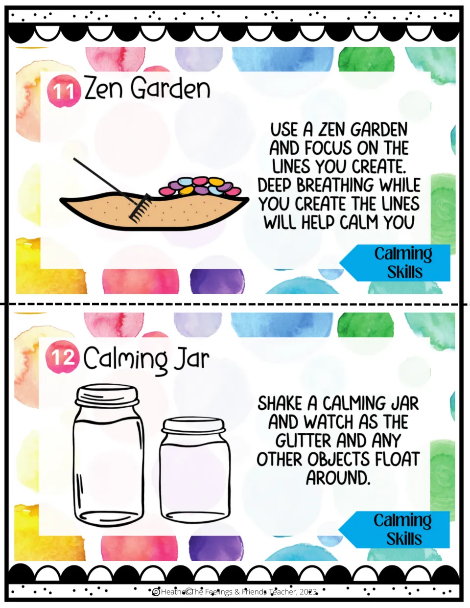 Coping skills 11–12: making zen garden lines while breathing deeply and watching glitter in a calming jar