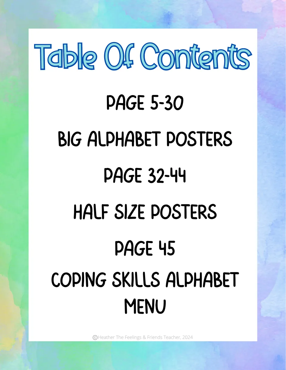 Table of contents listing big alphabet posters on pages 5-30, half size posters on 32-44 and coping skills menu on page 45