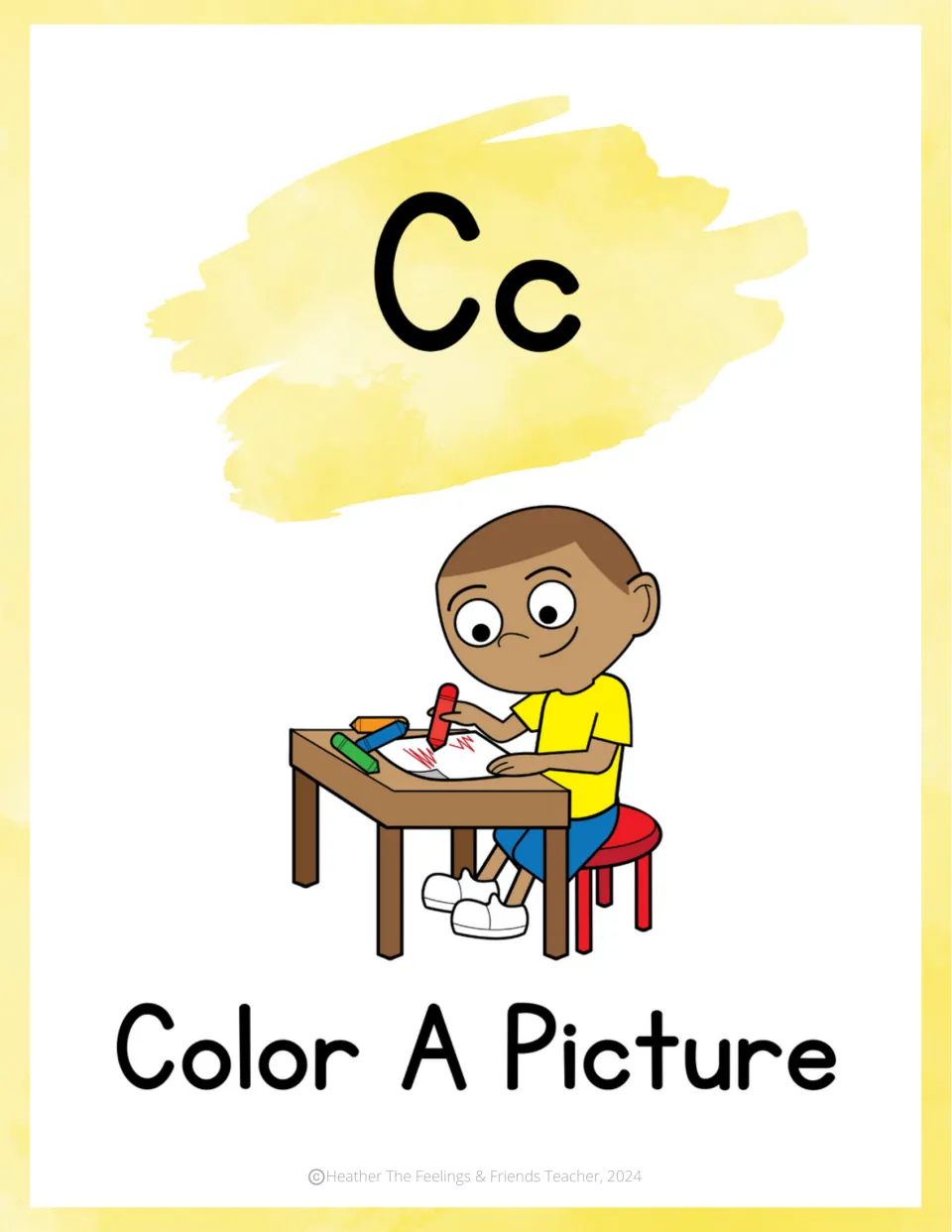 Letter Cc coping skill poster: Color A Picture, with a boy at a desk drawing with red, green, blue and orange crayons