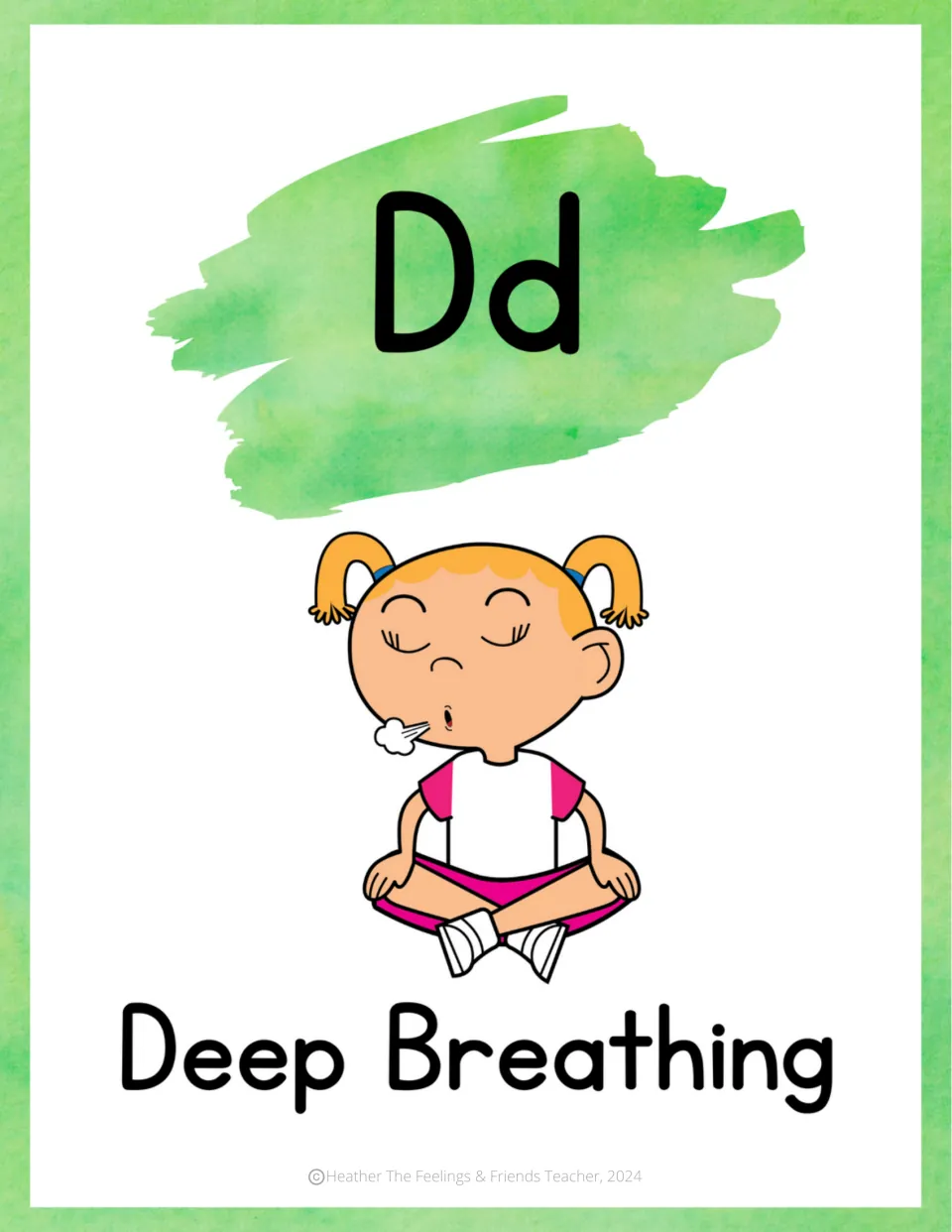 Letter Dd coping skill poster: Deep Breathing, showing a girl sitting cross-legged with eyes closed, exhaling a puff