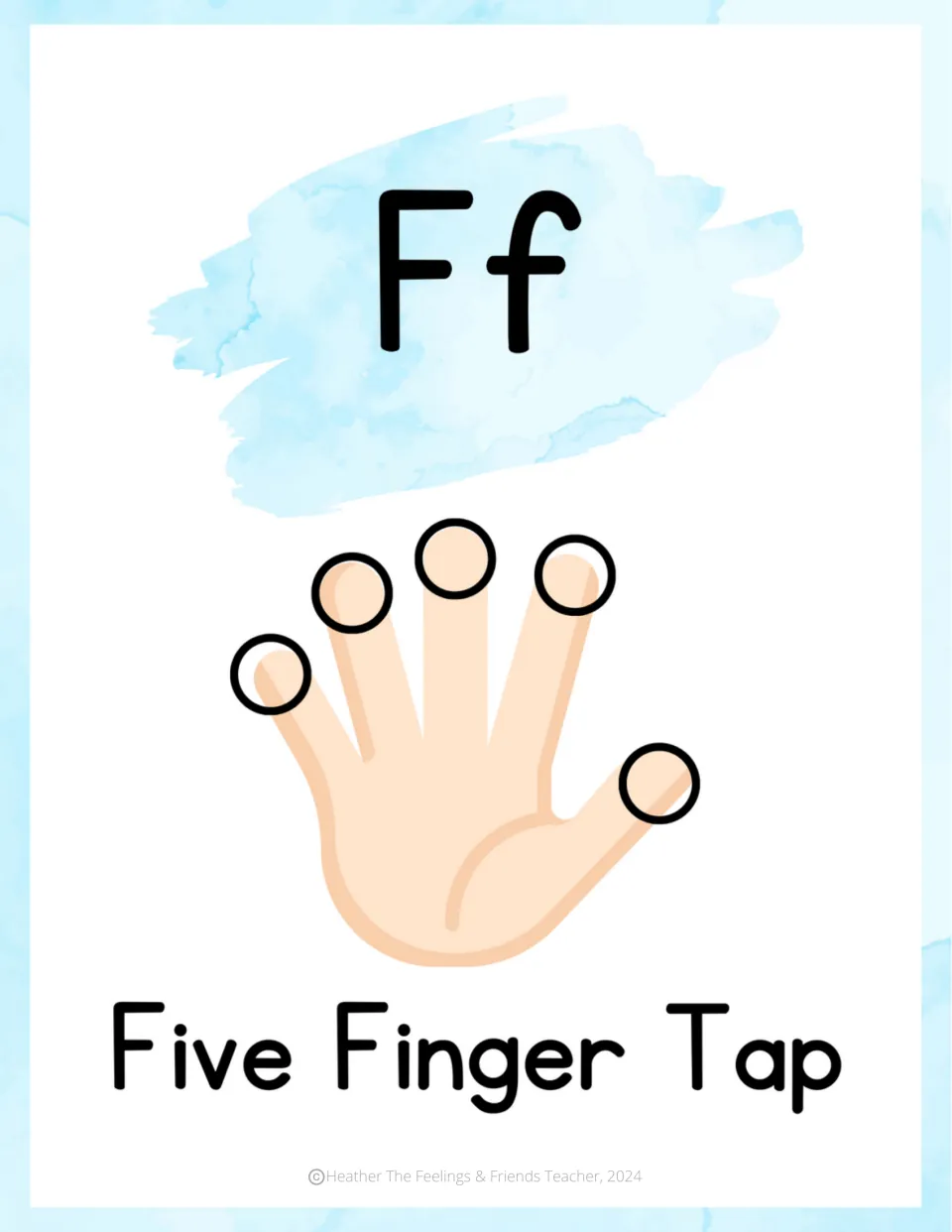 Letter Ff coping skill poster: Five Finger Tap, showing an open hand with a circle marked on each fingertip to tap