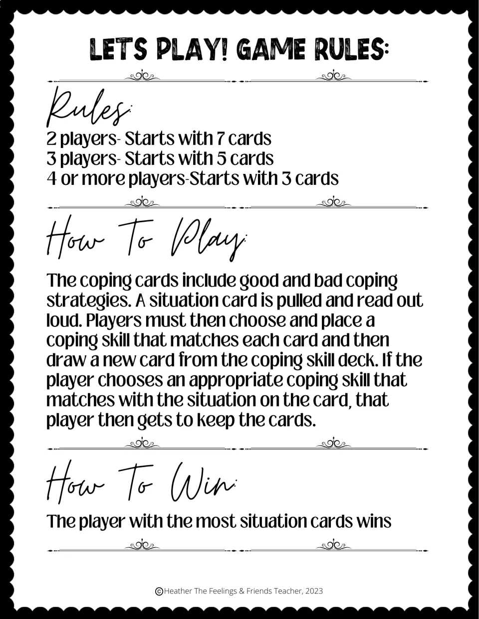 Game rules: hand sizes for 2, 3 or 4+ players, matching a coping skill to a read-aloud situation card, and how to win