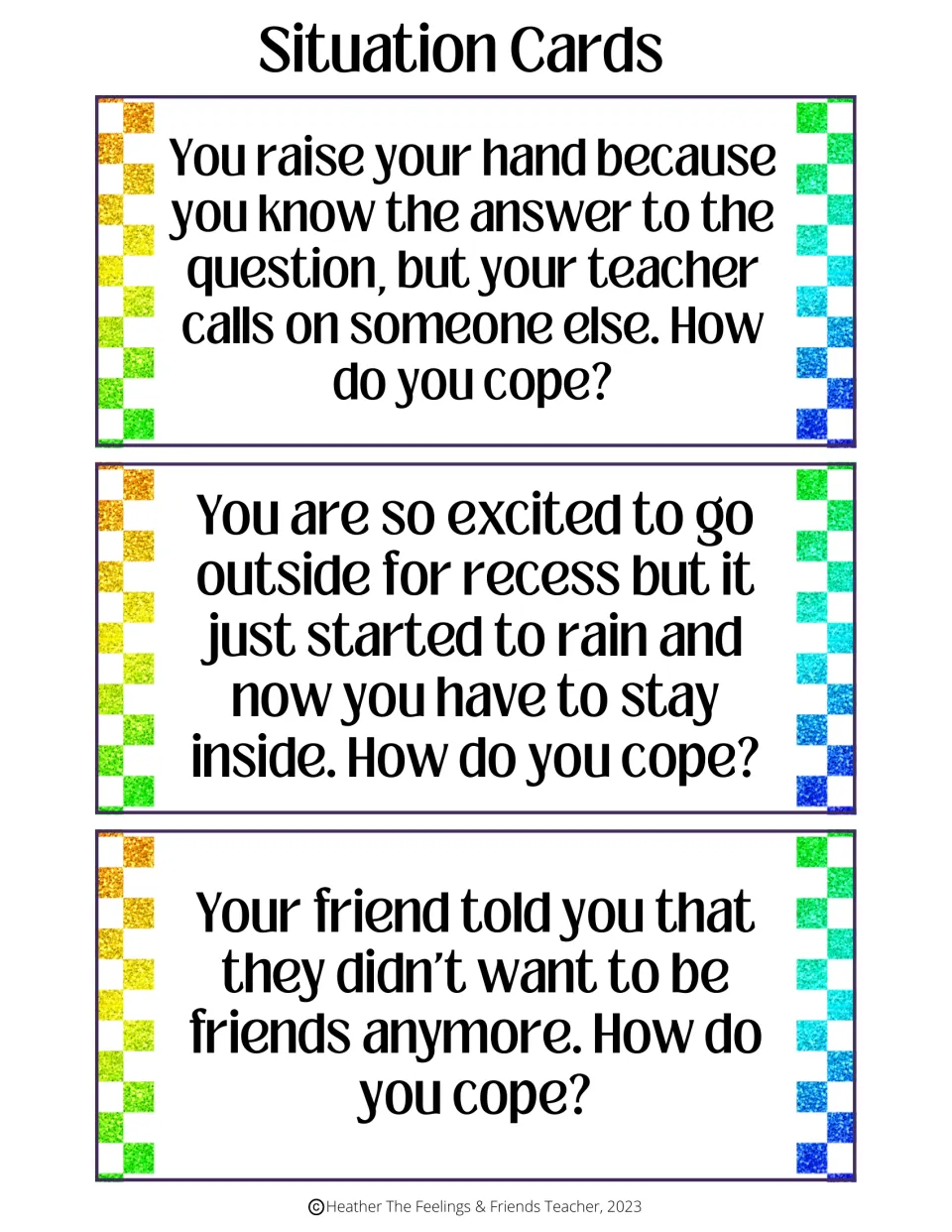 Situation cards on disappointment: teacher calls on someone else, rain cancels recess, and a friend ends the friendship