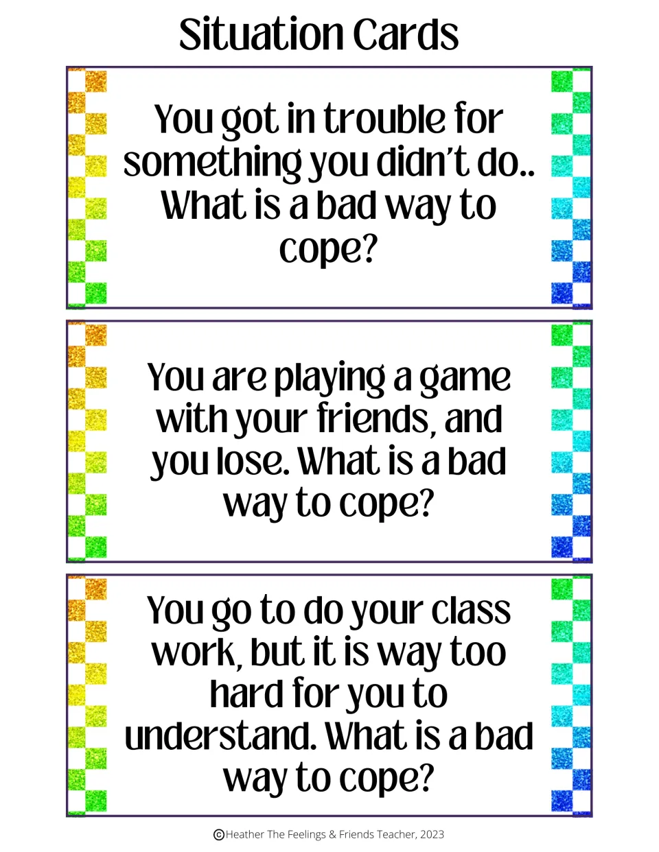 Frustration situation cards: blamed for something you didn't do, losing a game, and classwork too hard to understand