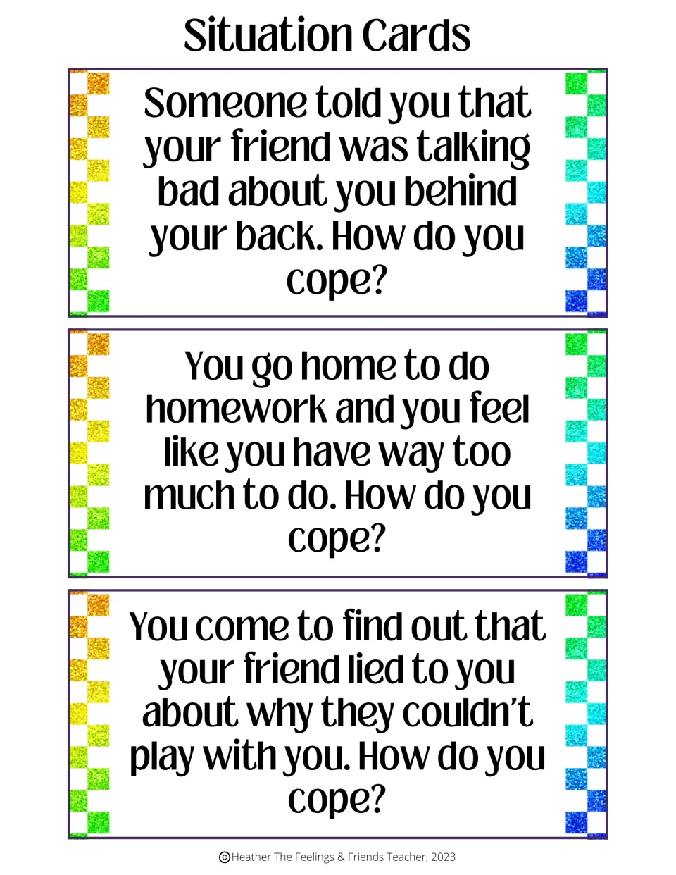 Trust and stress situation cards: gossip behind your back, too much homework, and a friend who lied to you