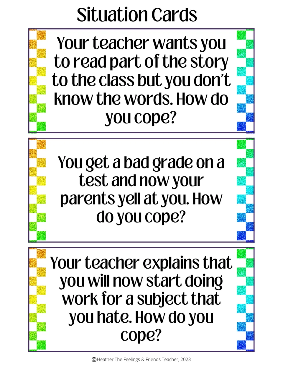 School pressure situation cards: reading aloud unknown words, parents yelling over a bad grade, and a disliked subject