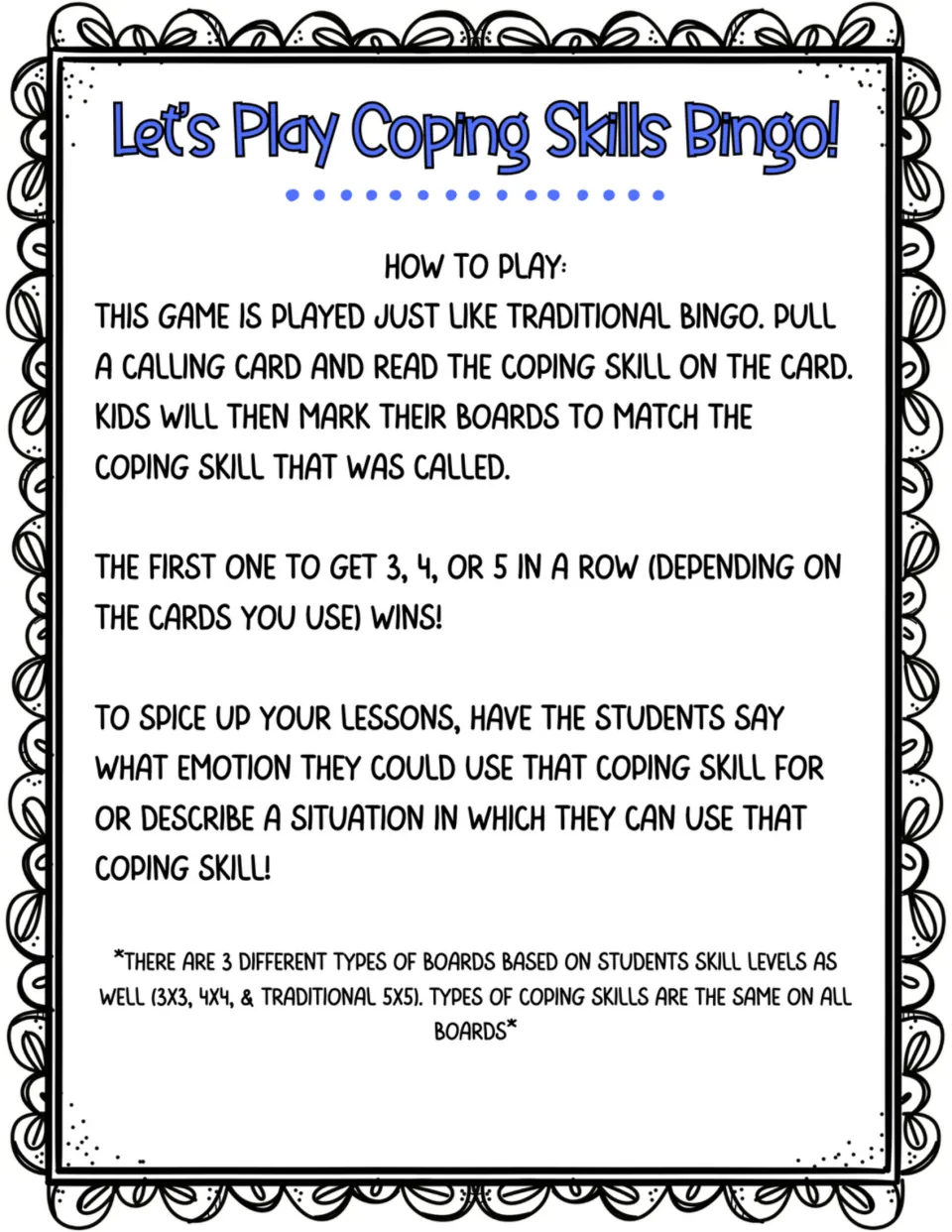 Let's Play Coping Skills Bingo! directions: pull a calling card, read the skill aloud, and mark matching boards