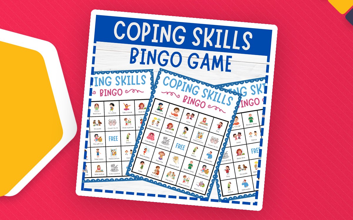 Coping Skills Bingo Game cover showing several blue-bordered bingo cards with strategy picture squares.