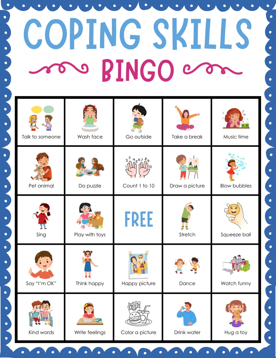 Coping skills bingo card 1: students mark pictured strategies such as Talk to someone, Wash face and Go outside