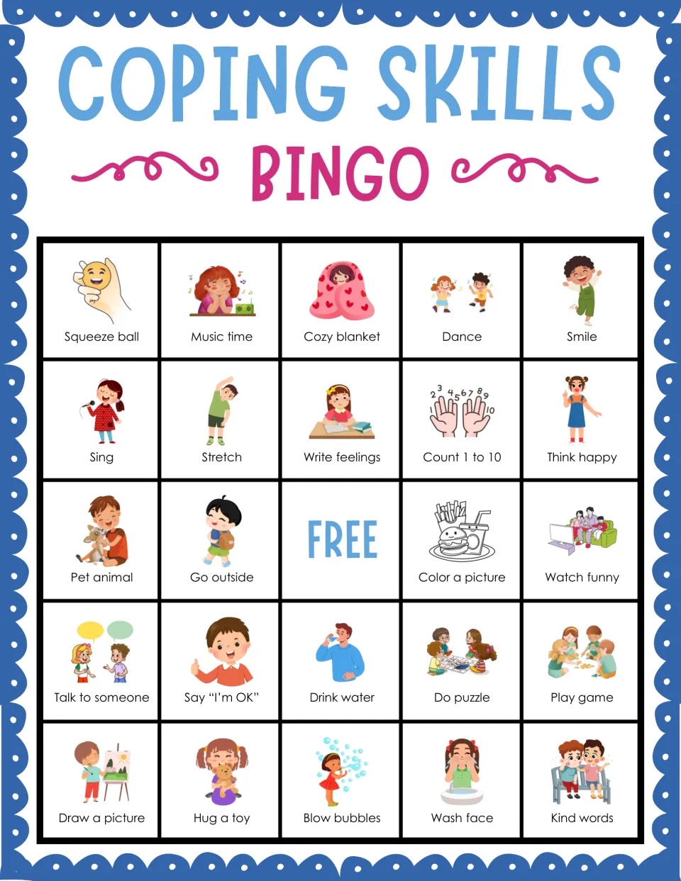 Coping skills bingo card 2: students mark pictured strategies such as Squeeze ball, Music time and Cozy blanket