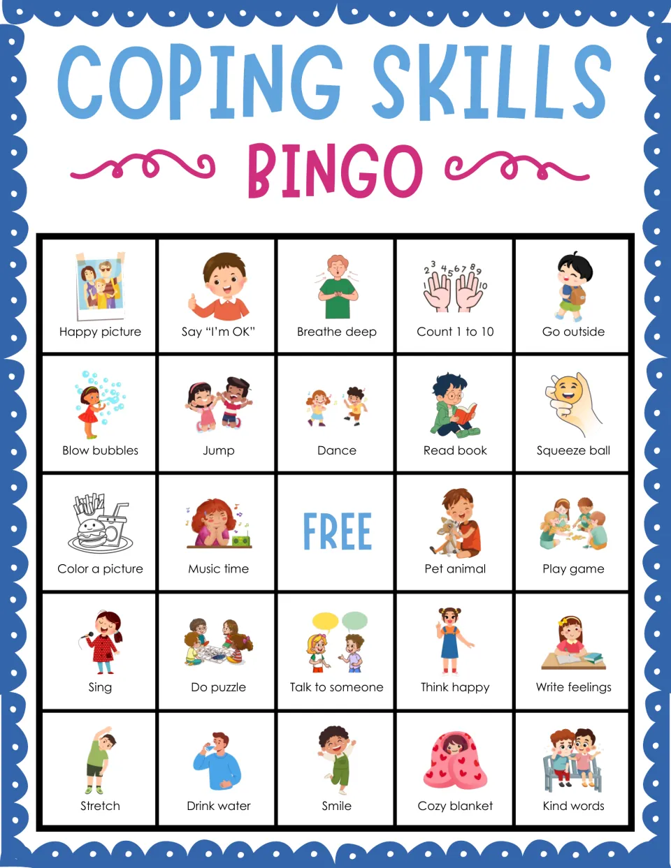 Coping skills bingo card 4: students mark pictured strategies such as Happy picture, Breathe deep and Count 1 to 10