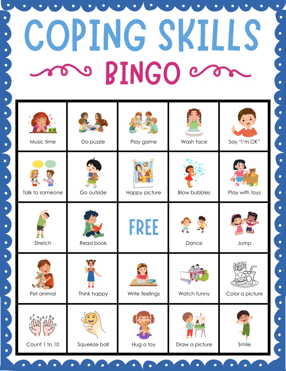 Coping skills bingo card 7: students mark pictured strategies such as Music time, Do puzzle, Play game and Wash face