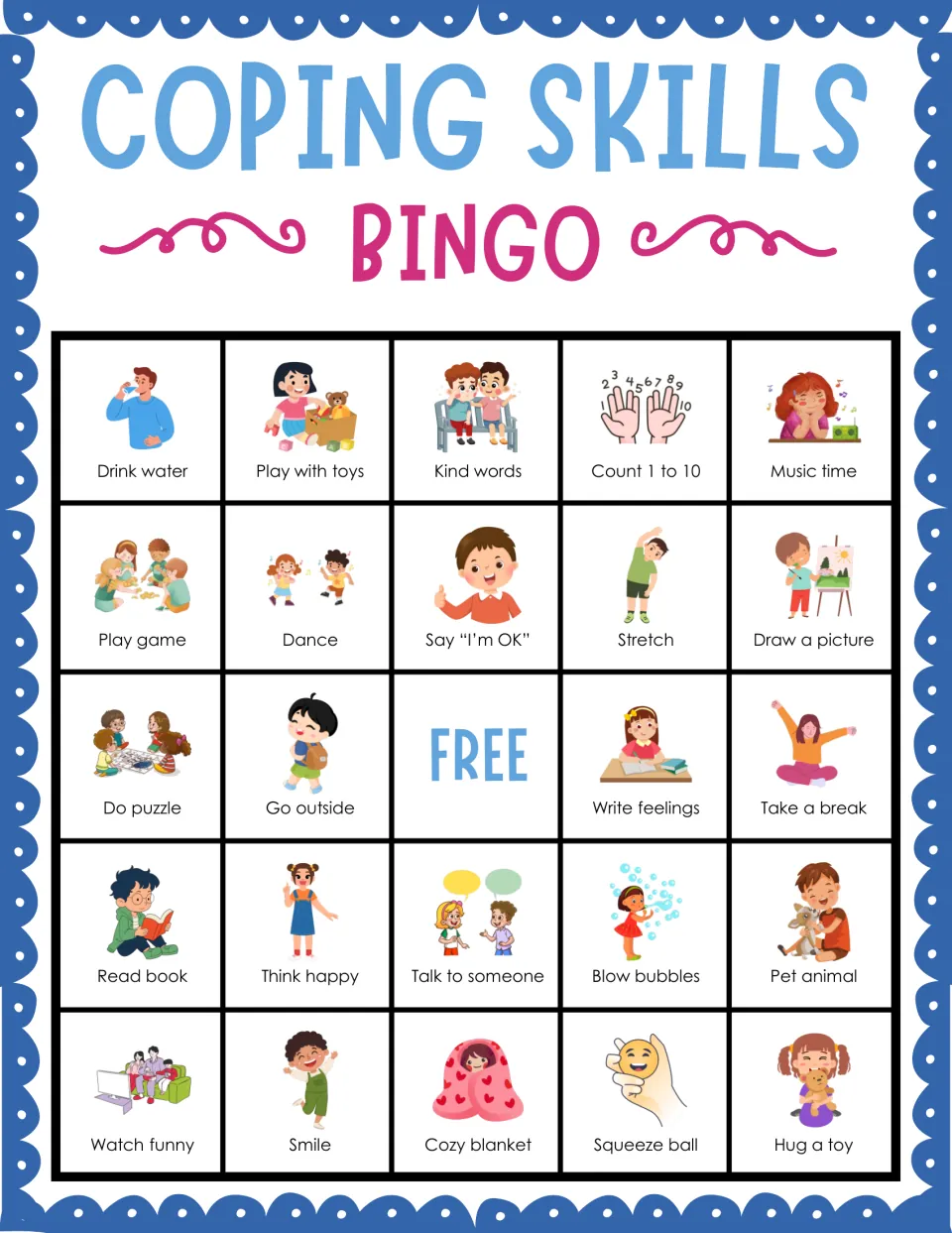 Coping skills bingo card 9: students mark pictured strategies such as Drink water, Play with toys, Kind words and Stretch