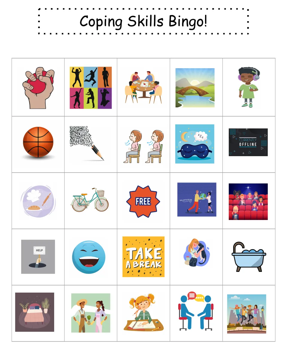 Coping Skills Bingo card 1: students mark pictured coping activities such as a stress ball and bubble bath