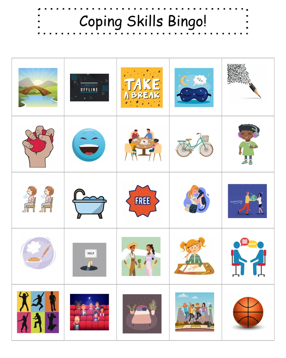 Bingo card 2 of coping pictures: students mark activities such as a sunrise bridge, take a break and sleep mask