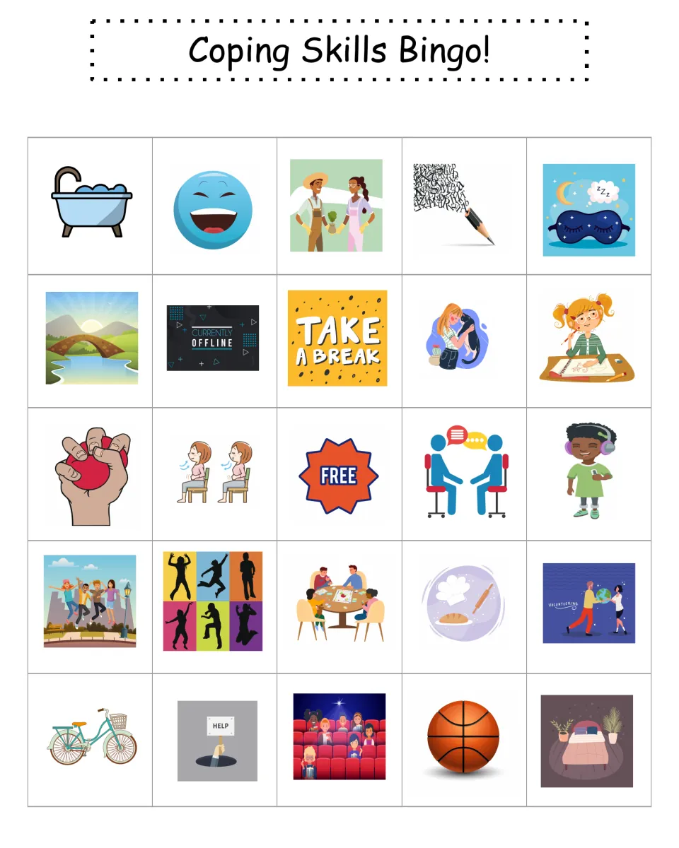 Bingo card 3 of coping pictures: students mark activities such as a bubble bath, laughing and gardening