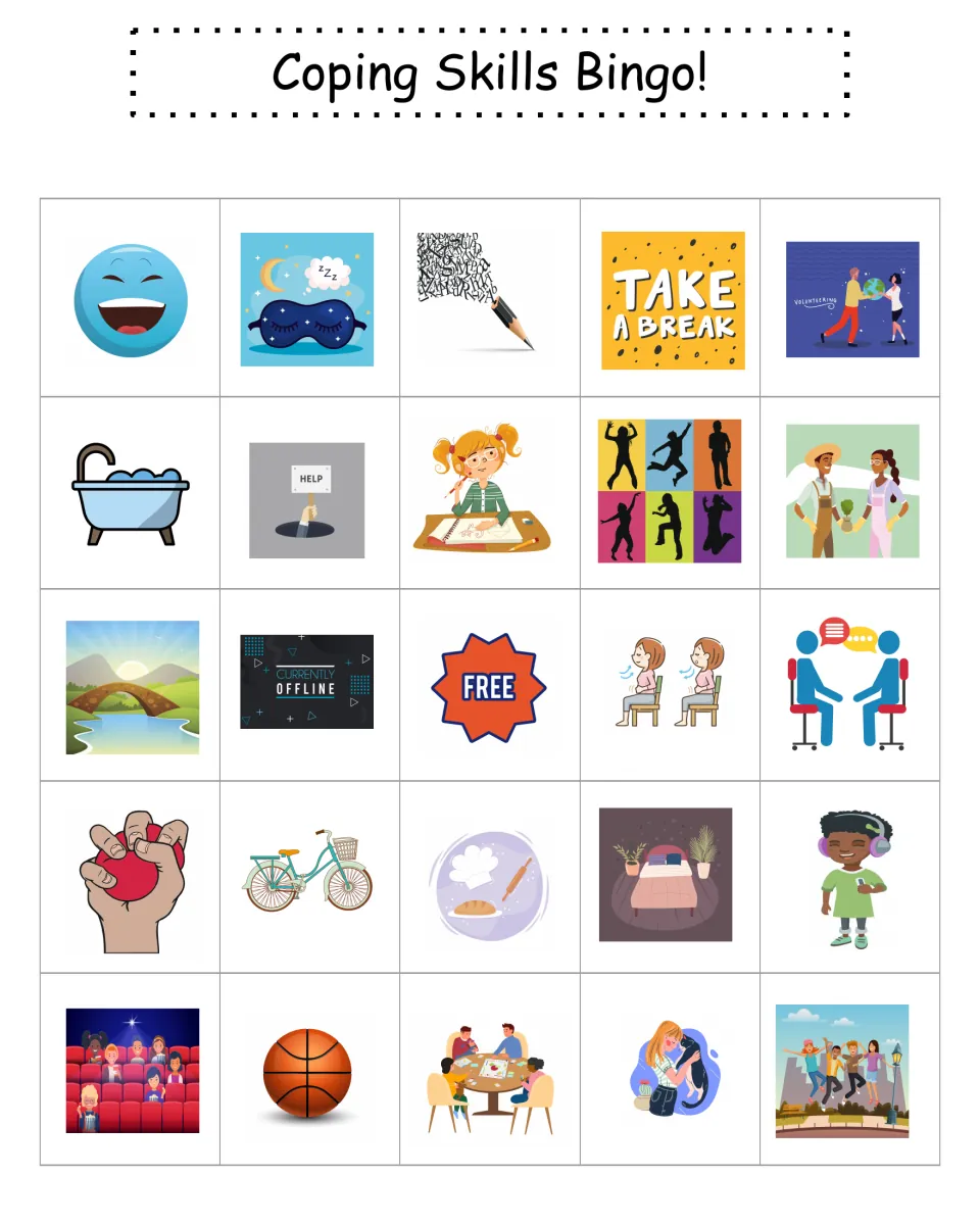 Bingo card 4 of coping pictures: students mark activities such as laughing, sleep, writing and volunteering