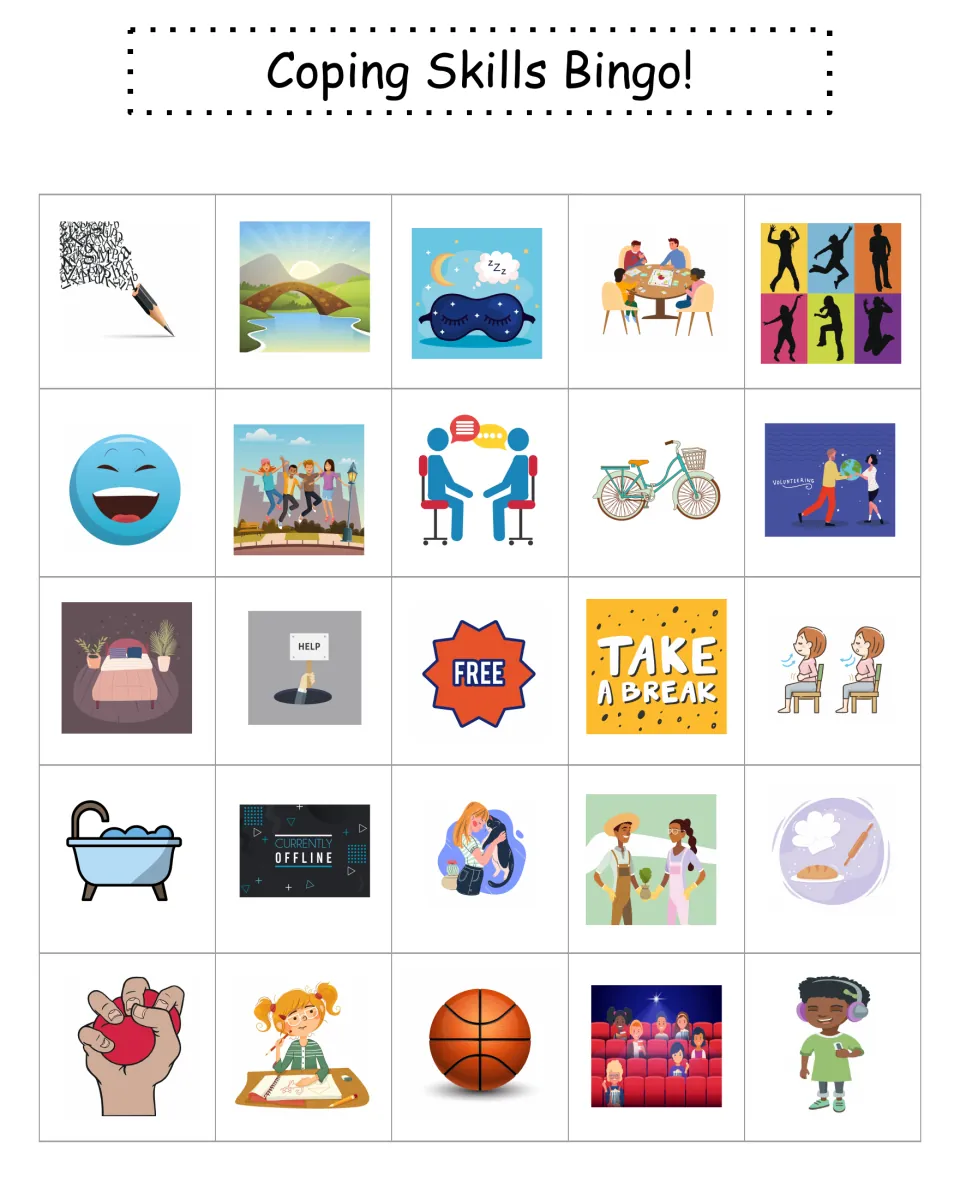 Bingo card 5 of coping pictures: students mark activities such as writing, a sunrise bridge, sleep and board games