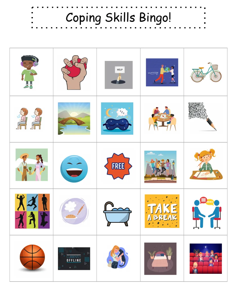 Bingo card 6 of coping pictures: students mark activities such as music, a stress ball and asking for help