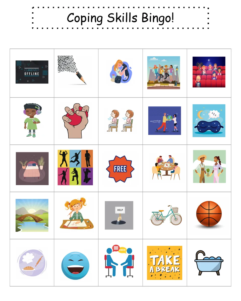 Bingo card 7 of coping pictures: students mark activities such as going offline, writing, a pet hug and a movie