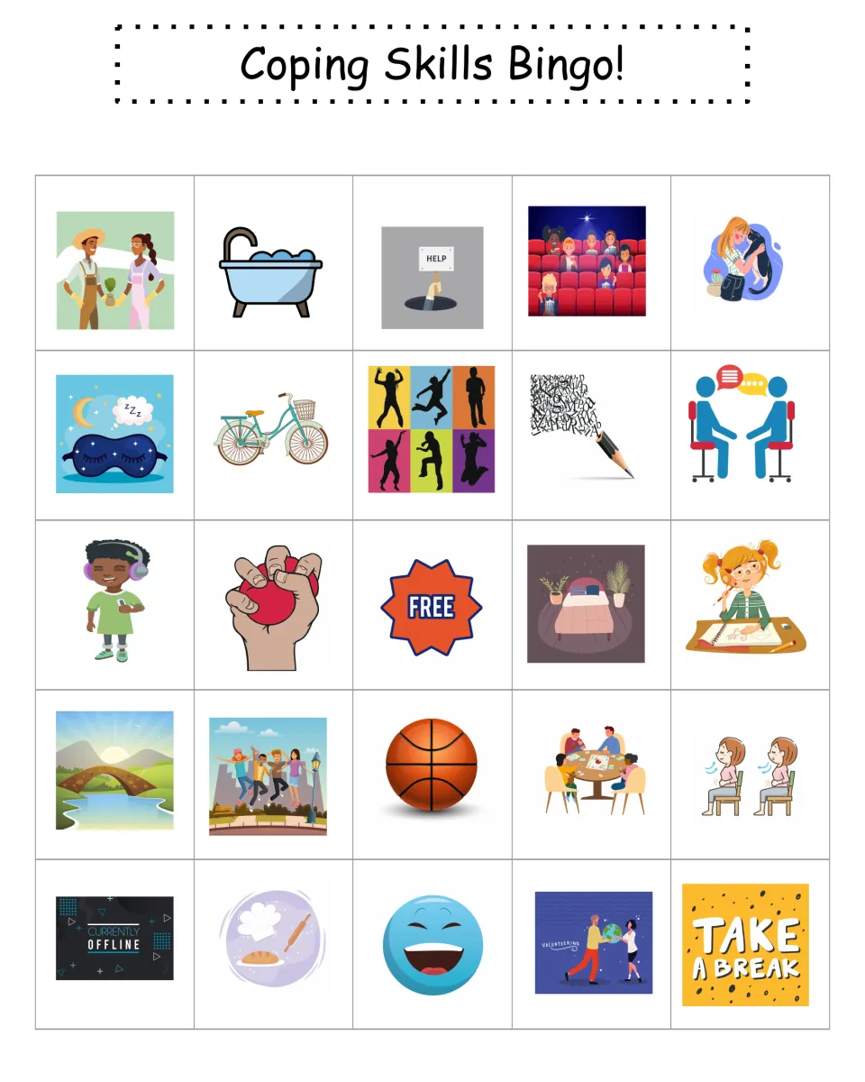 Bingo card 8 of coping pictures: students mark activities such as gardening, a bubble bath and asking for help