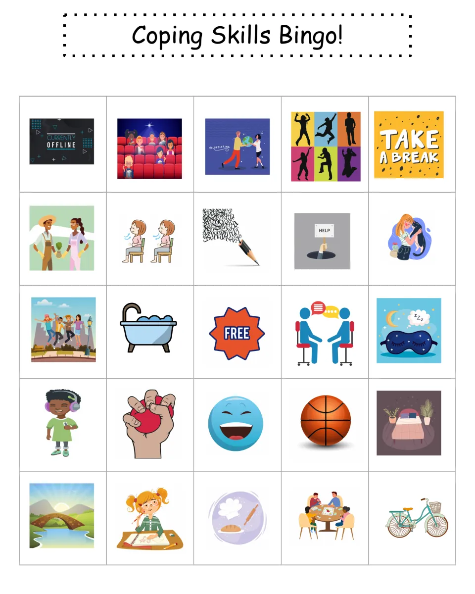 Bingo card 9 of coping pictures: students mark activities such as going offline, a movie outing, volunteering and dancing