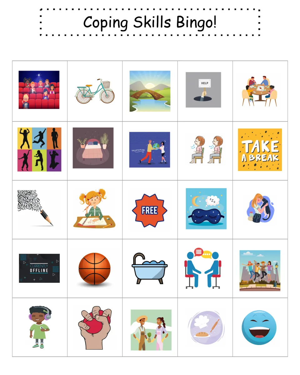 Bingo card 10 of coping pictures: students mark activities such as a movie outing, biking, a sunrise bridge and board games