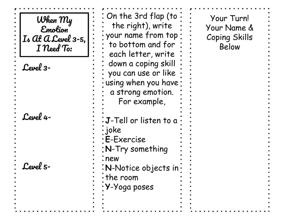 Coping skills brochure inside: students plan actions for emotion levels 3-5 and write a coping skill for each name letter