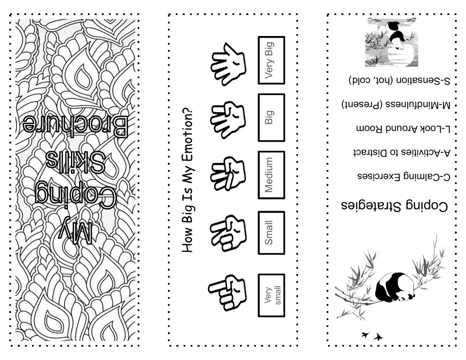 Brochure outside: My Coping Skills coloring cover, a very small to very big emotion scale and CALMS coping strategies
