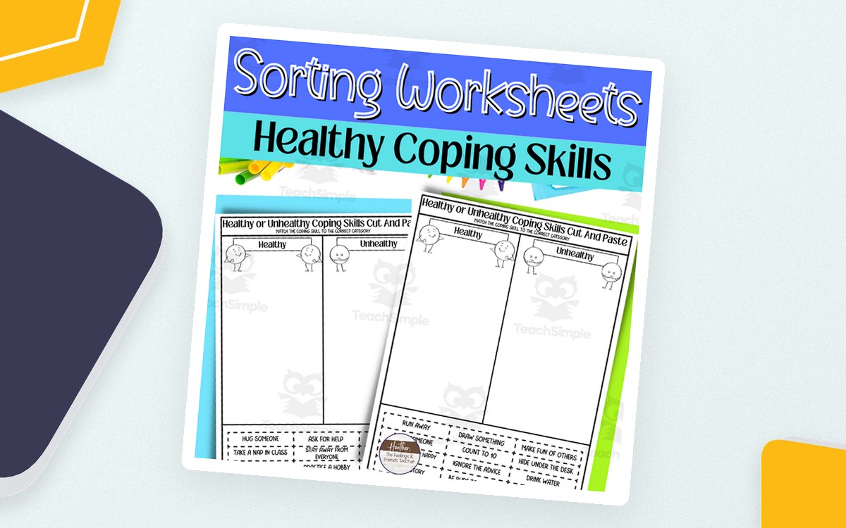 Healthy Coping Skills cut-and-paste sorting sheets with healthy and unhealthy columns.
