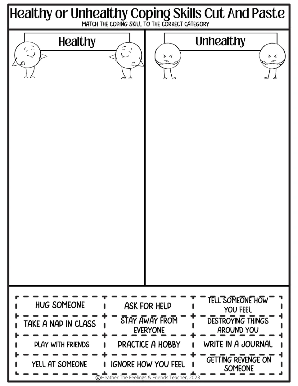 Coping choices sort, set 3: students glue 12 cards like Ask For Help and Getting Revenge under healthy or unhealthy