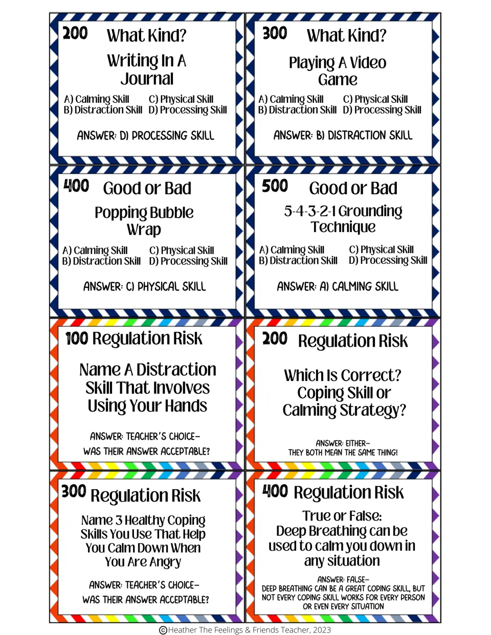 Coping skills game cards for What Kind?, Good or Bad and Regulation Risk, each giving its answer, such as journaling