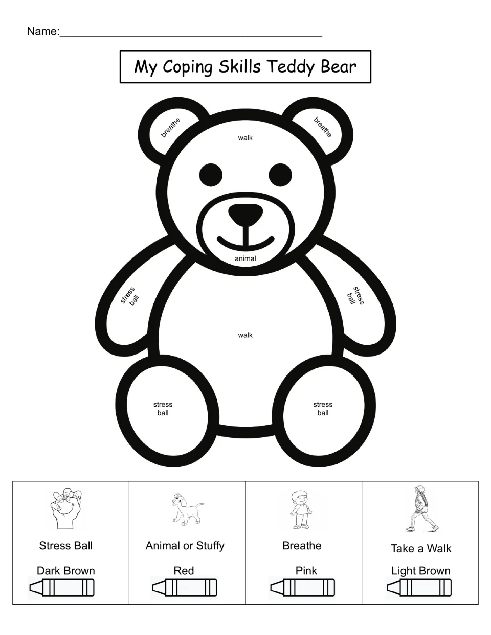 My Coping Skills Teddy Bear: students color by code, matching stress ball, stuffy, breathe and walk to four crayon colors
