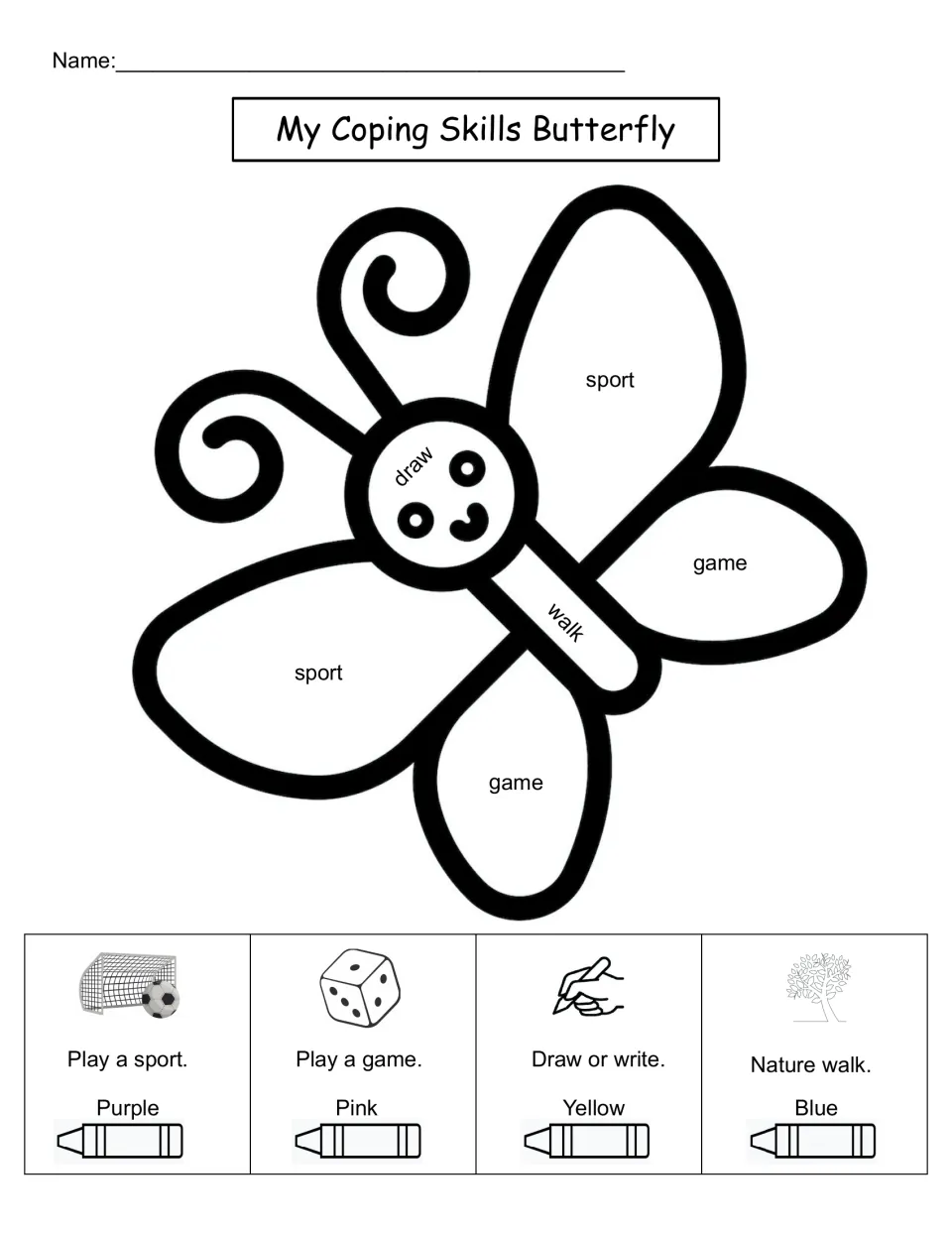 My Coping Skills Butterfly: students color by code, pairing sport, game, draw and nature walk with a crayon color each