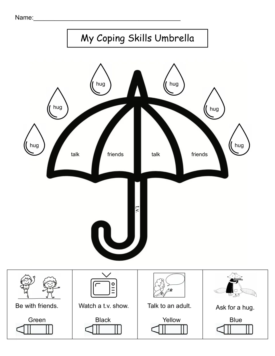 My Coping Skills Umbrella: students color hug raindrops and talk, friends and t.v. sections by the coping-skill color key