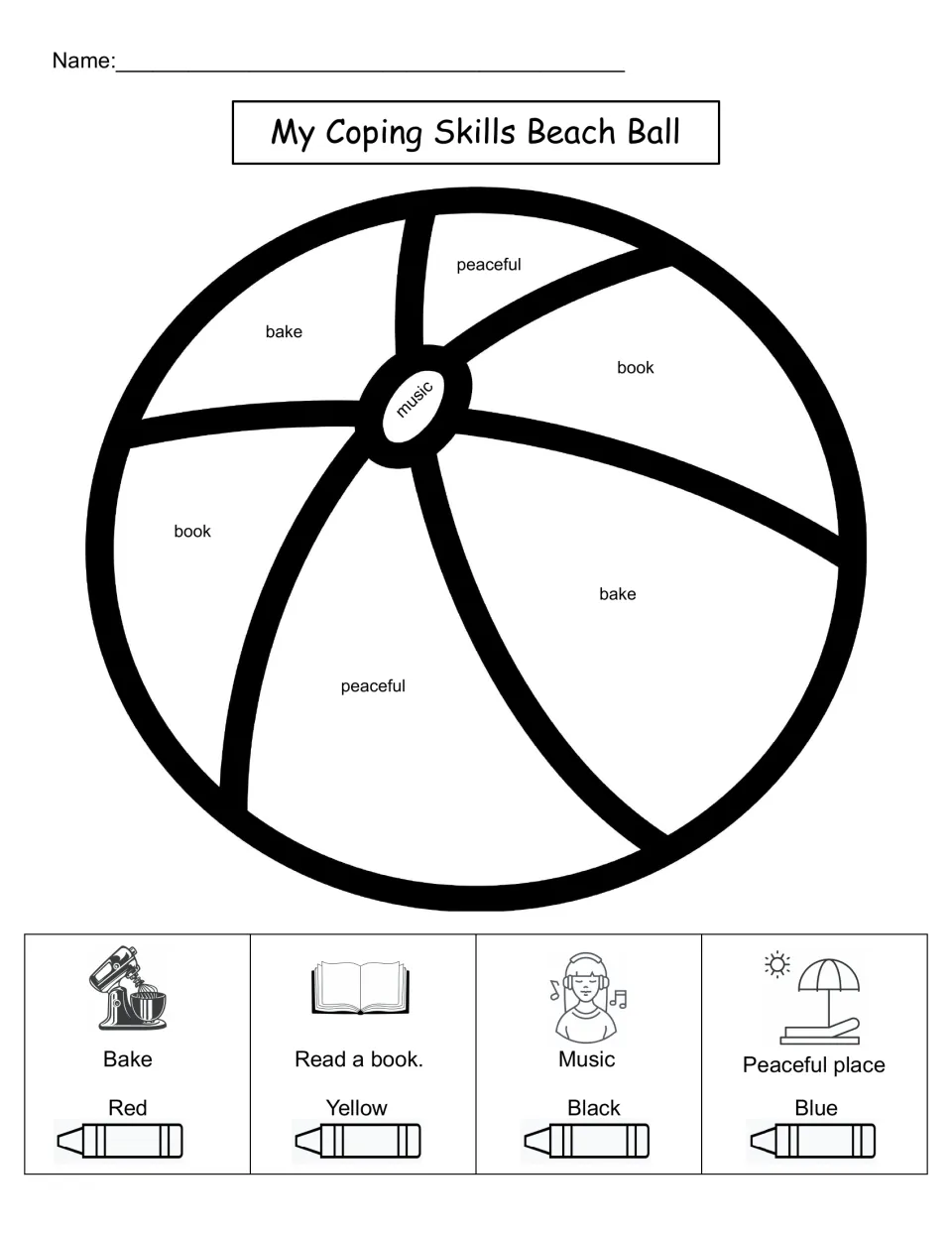My Coping Skills Beach Ball: students color bake, book, music and peaceful place segments using the four-color key