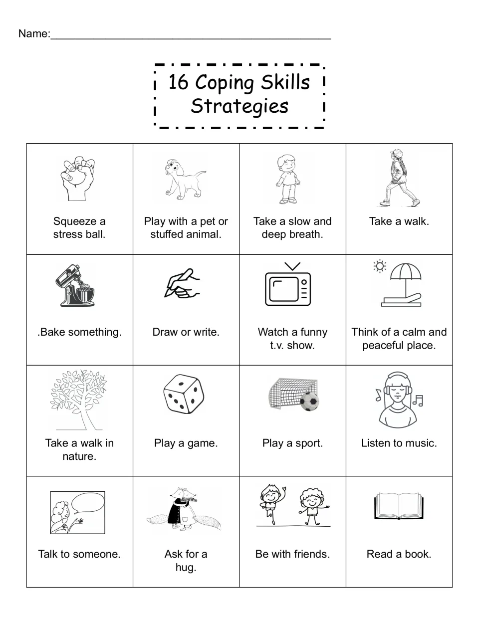 16 Coping Skills Strategies: illustrated reference of calming choices such as squeezing a stress ball, baking and music