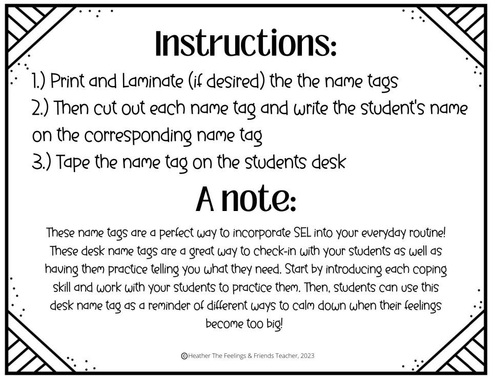 Desk name tag instructions: print, laminate if desired, cut out, add student names, and tape to desks.