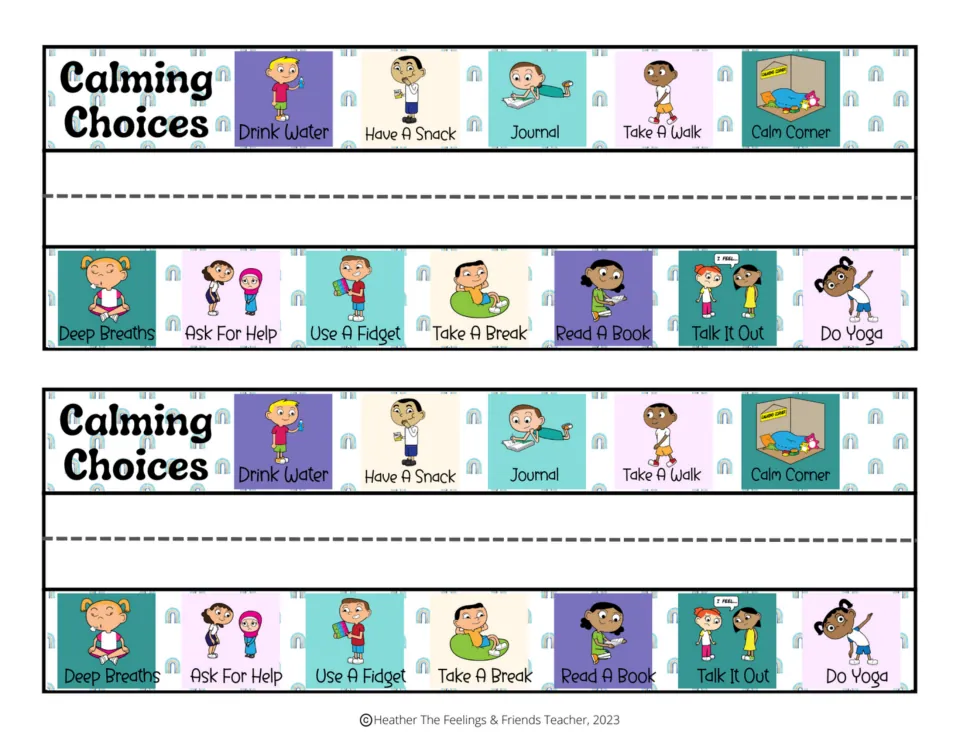 Two Calming Choices desk name tags, each showing 12 coping skills, including deep breaths and asking for help.