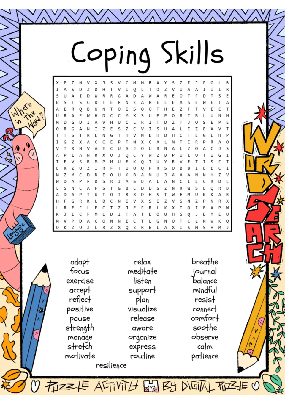 Coping Skills word search: students find 34 hidden words such as breathe, relax, journal, meditate and resilience