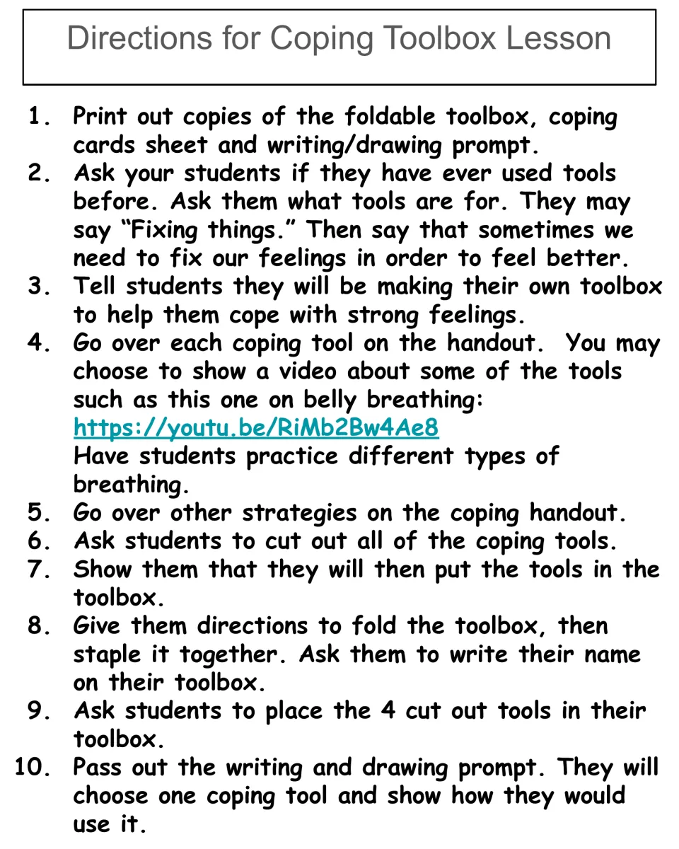 Coping toolbox lesson directions: 10 teacher steps for discussing tools, practicing belly breathing and building the toolbox