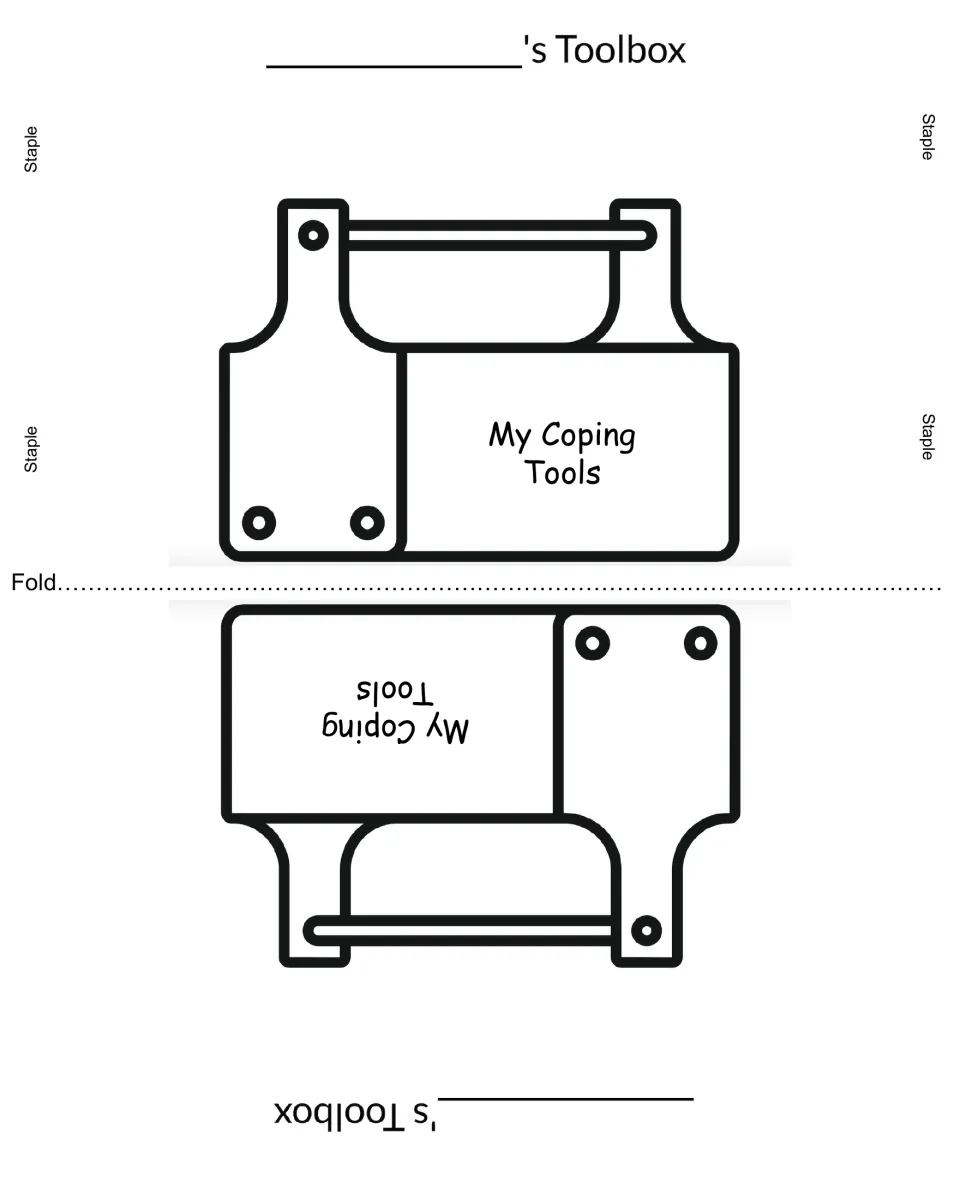Foldable toolbox template: students write their name, fold on the dotted line and staple sides to hold their coping tools