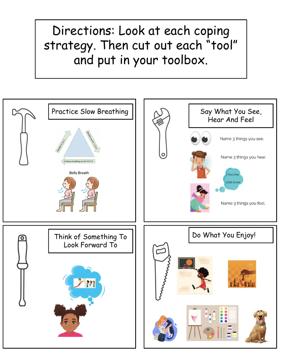 Coping strategy cards students cut out: slow breathing, name what you see, hear and feel, look forward to, do what you enjoy