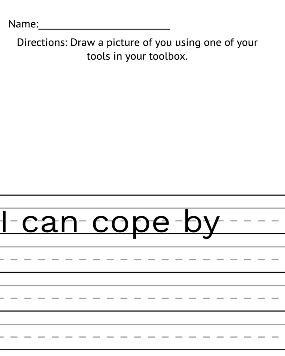 Coping drawing and writing prompt: students draw themselves using one tool and finish the sentence starter I can cope by