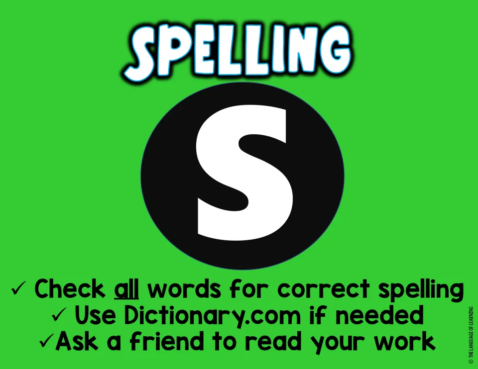 Spelling poster for the letter S: check all words for correct spelling, use Dictionary.com, ask a friend to read your work